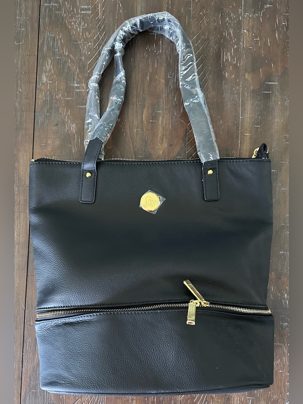 New Joy Mangano Double Decker Black Tote Bag with Gold Accents